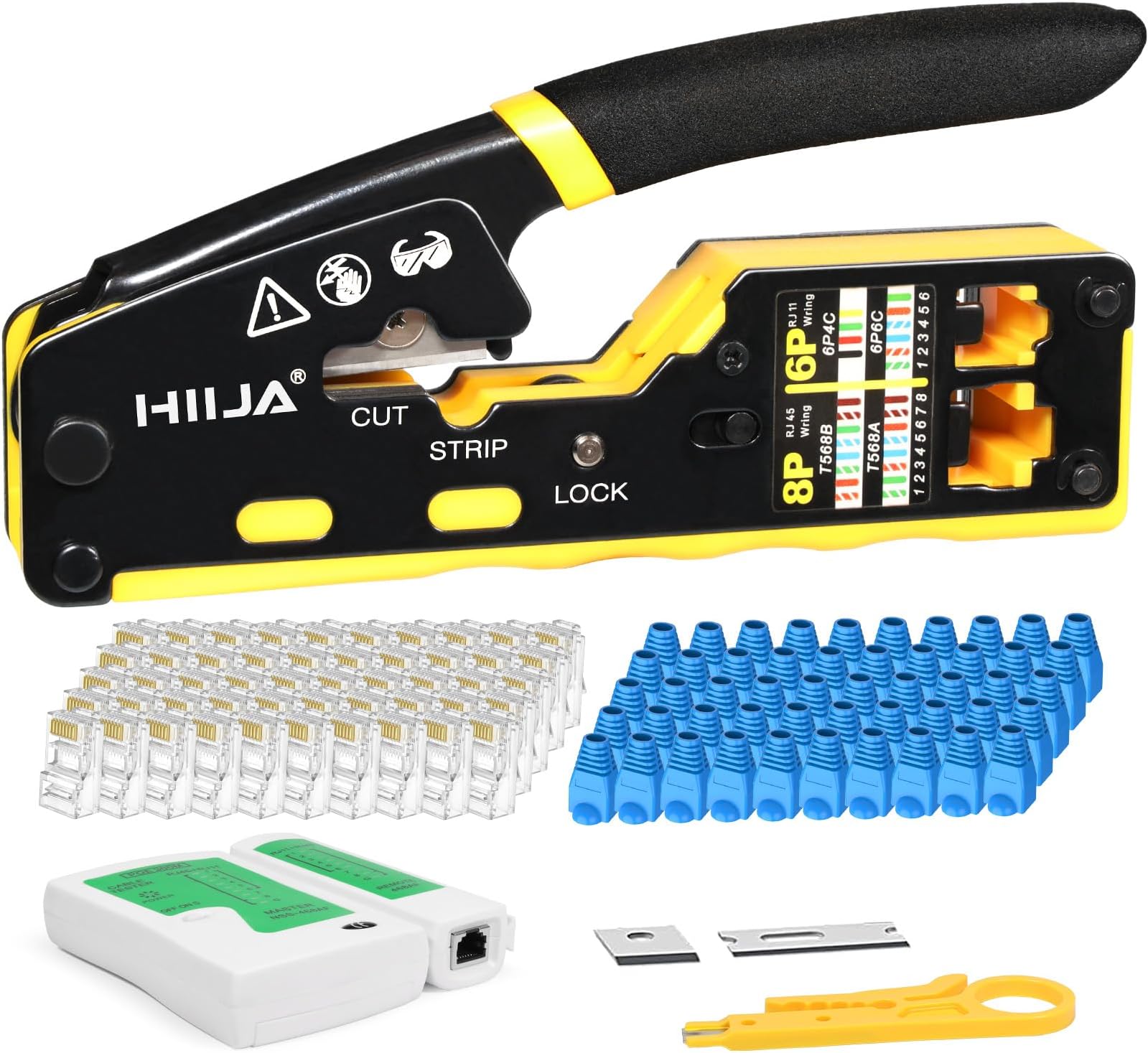 - RJ45 Crimp Tool Kit Pass Through Cat6 Crimping Tool Kit, All-in-One Ethernet Crimper with Network Cable Tester, 50PCS Cat6 Connectors, 50PCS Boots, Mini Wire Stripper