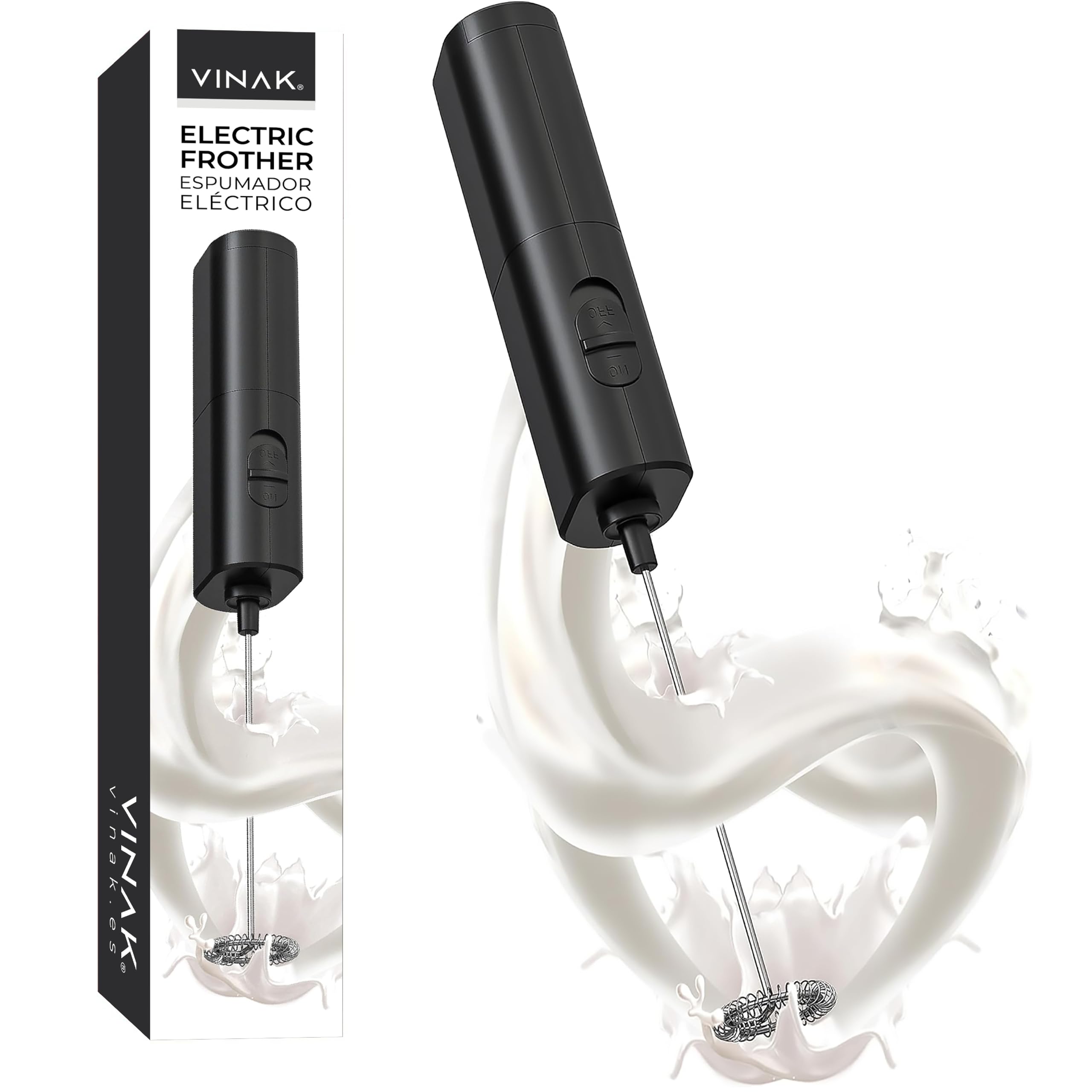 VINAK - Espumador de Leche eléctrico con batidora de Acero Inoxidable | Batidor para Café con leche | Capuchino | Chocolate | Obtén una espuma cremosa al instante | Funciona con Pilas