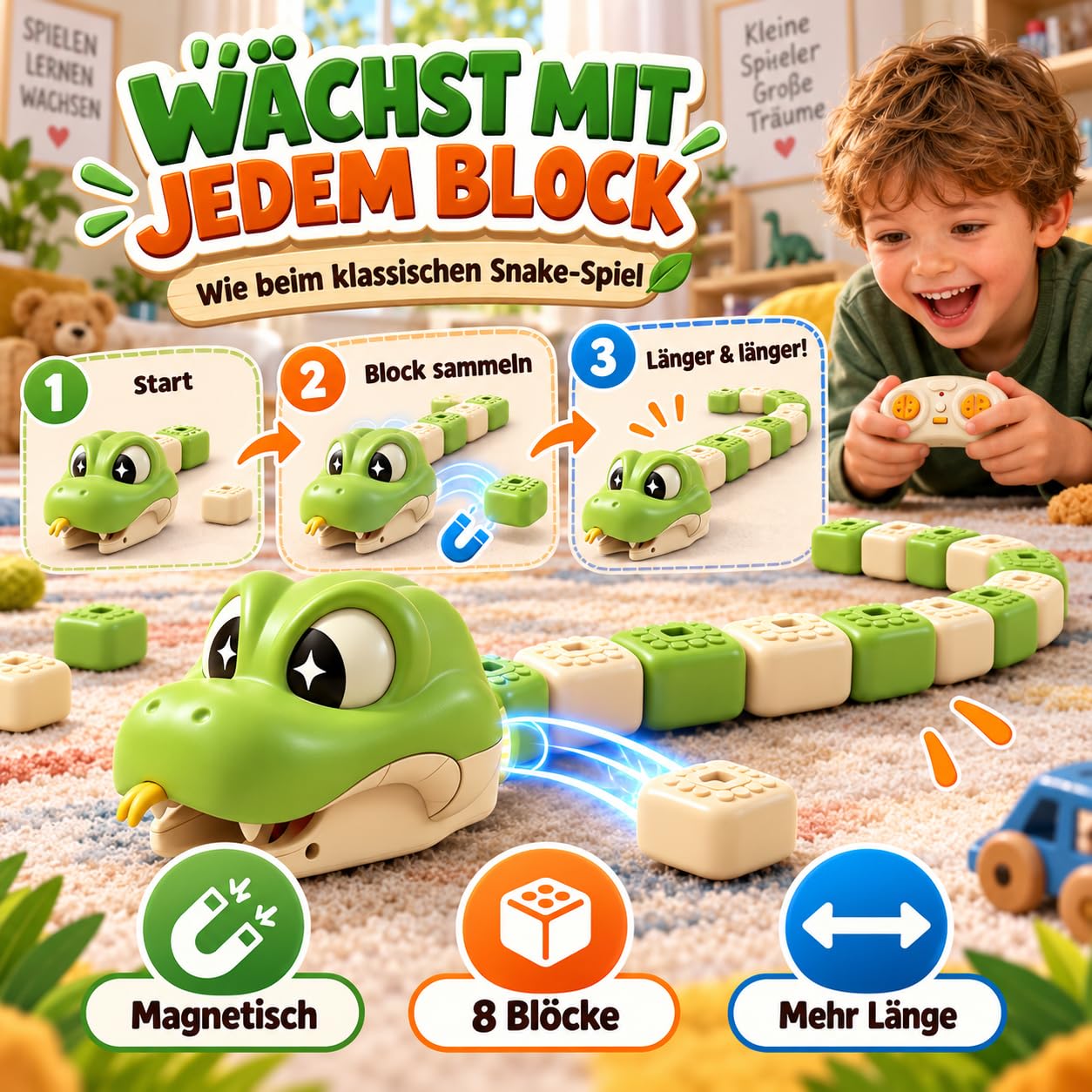 Snake Spiel Ferngesteuert, Magnetic Snake Game mit 8 Magnetblöcken, RC Ferngesteuerte Schlange mit Licht, Aufladbares Schlangenspielzeug für 2-Spieler-Wettkampf, Jungen und Mädchen，3-A,16