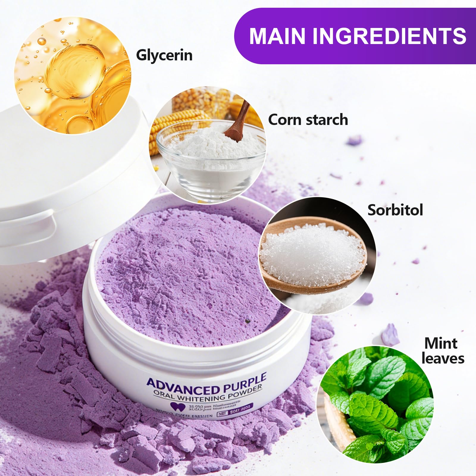 50g Polvere Sbiancante per Denti, Polvere Sbiancante Denti Immediato, Usato per pulire i respirare fresco, rimozione Delle Macchie Profonde (viola) - 5