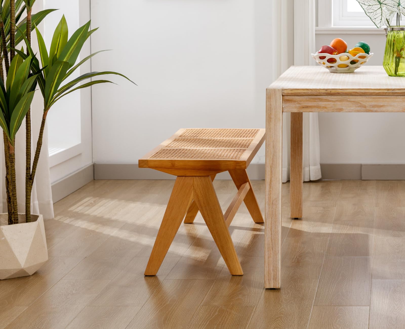 chairus Ottomane Esszimmerbank aus Geflochtenen Rattan mit Massivholzbeinen Küchenbank im Landhaus-Stil Schlafzimmer Eingang Sitzbank (Gelb)