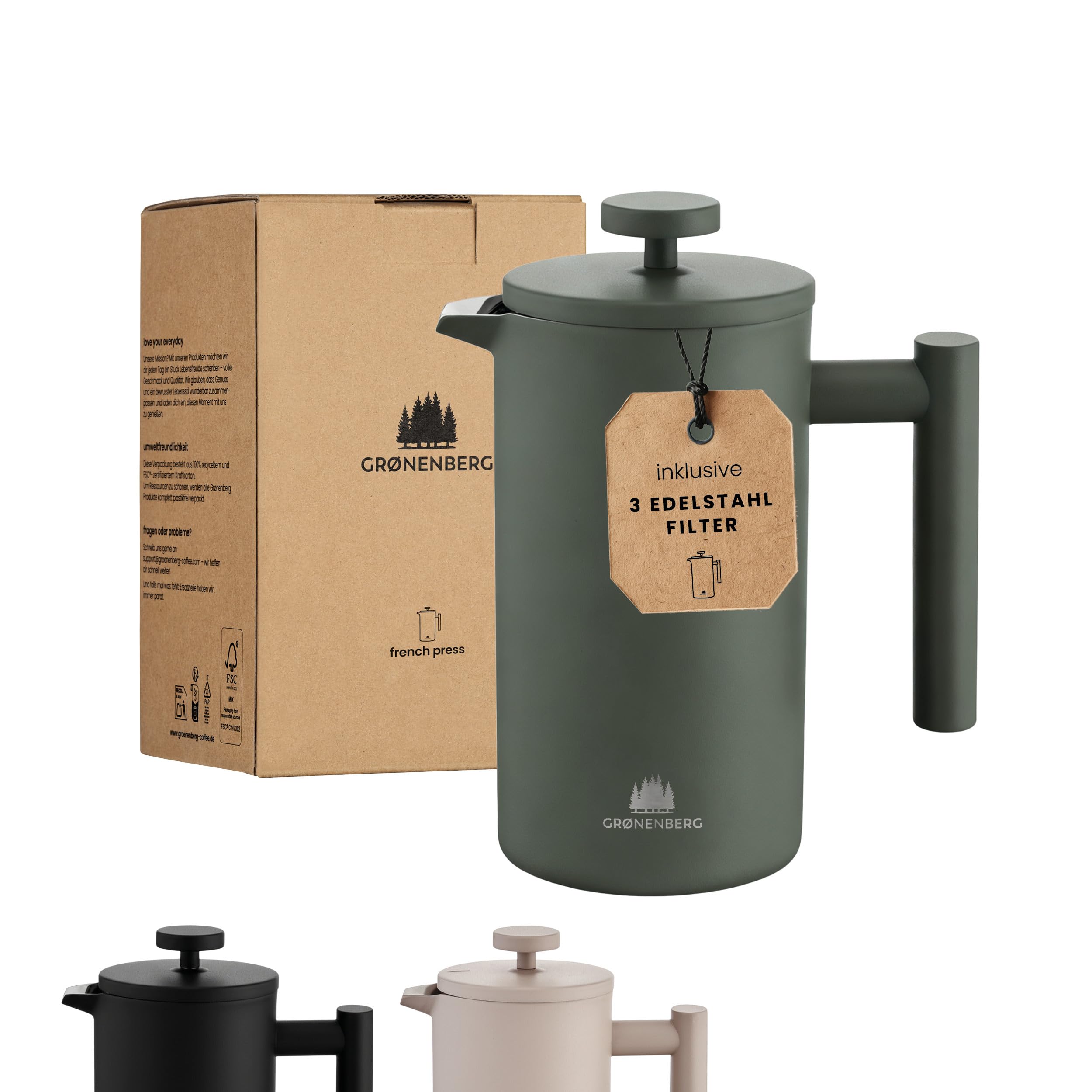 Groenenberg French Press Forest 600 ml or 1 litre I Insulated cafetiere I Stainless steel I coffee press I French Press coffee maker