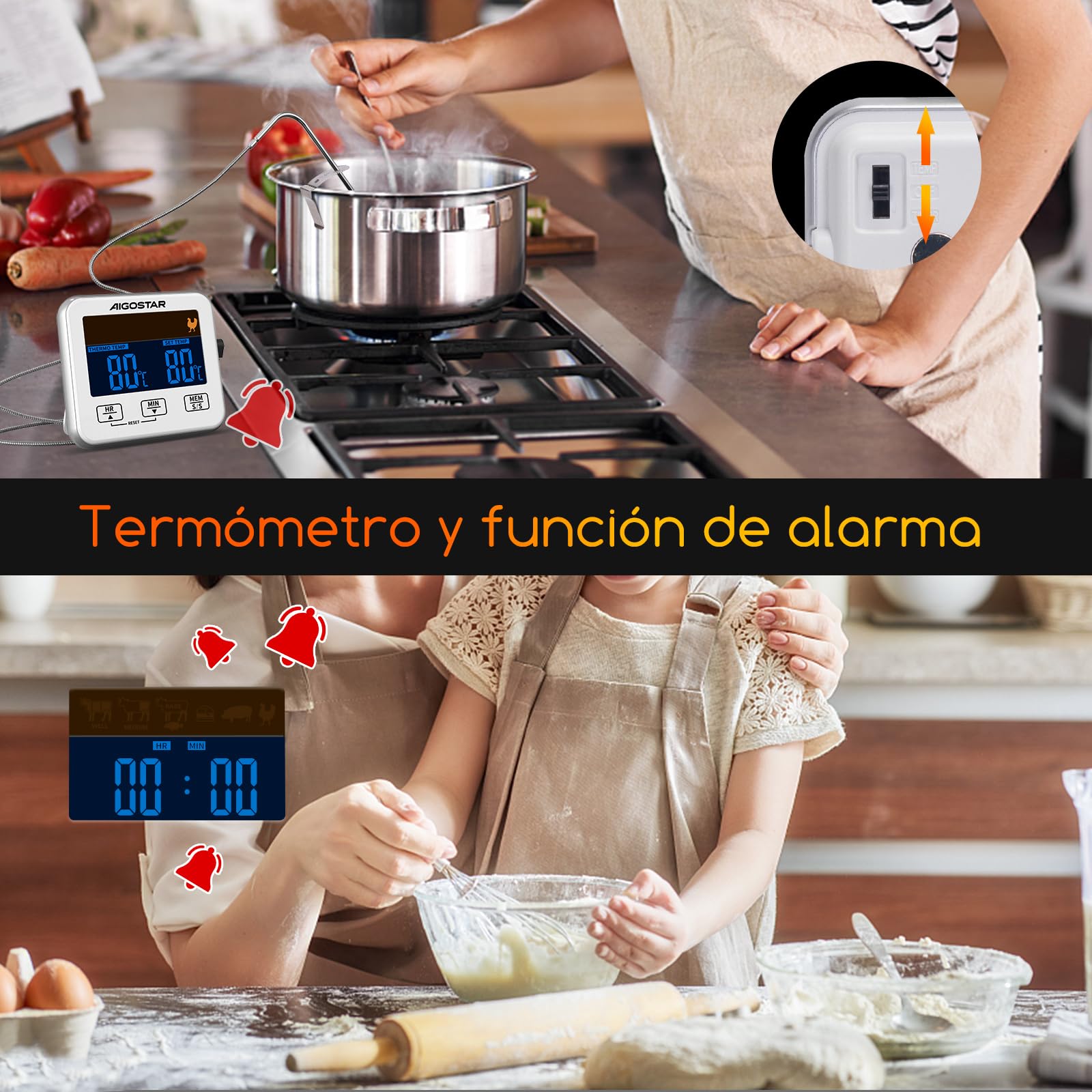 Aigostar Elliott - Termometro Cocina/Temporizador Cocina, Termómetro Digital de Cocina con Sonda y Temperatura Programable; Pantalla LCD, Objetivo con Alarma, Imanes de Fijación Para Horno.
