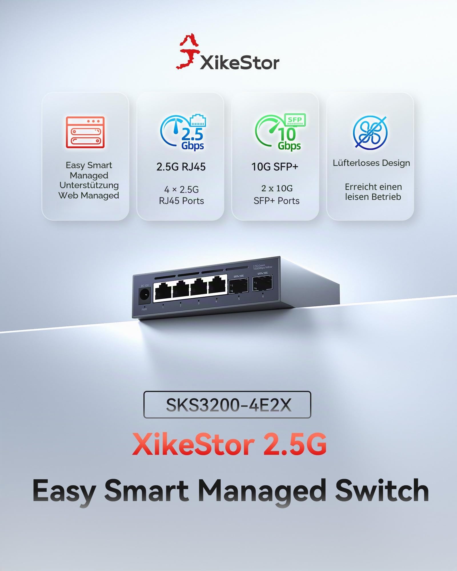 2.5G Switch Web Managed, 4X 2.5G RJ45 + 2X 10G SFP+ LWL Switch | Einfach zu verwalten, volle Funktionen, Web-Managed Switch für Heim & Büro, kompatibel, robustes Metallgehäuse, gute Kühlung.