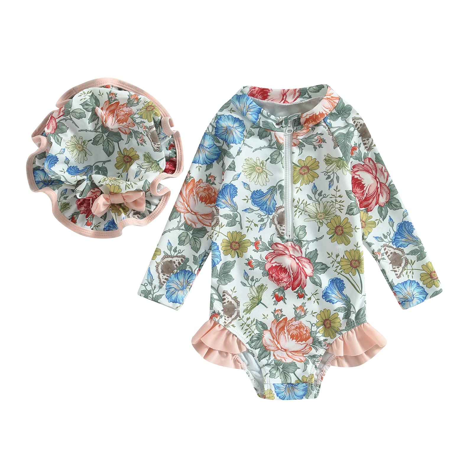 Loalirando Traje de Baño para Bebé Niña Bañador de Manga Larga con Cremallera y Estampado de Flores/Escamas + Gorra de Natación Conjunto Ropa de Baño Verano para Playa Mar Piscina