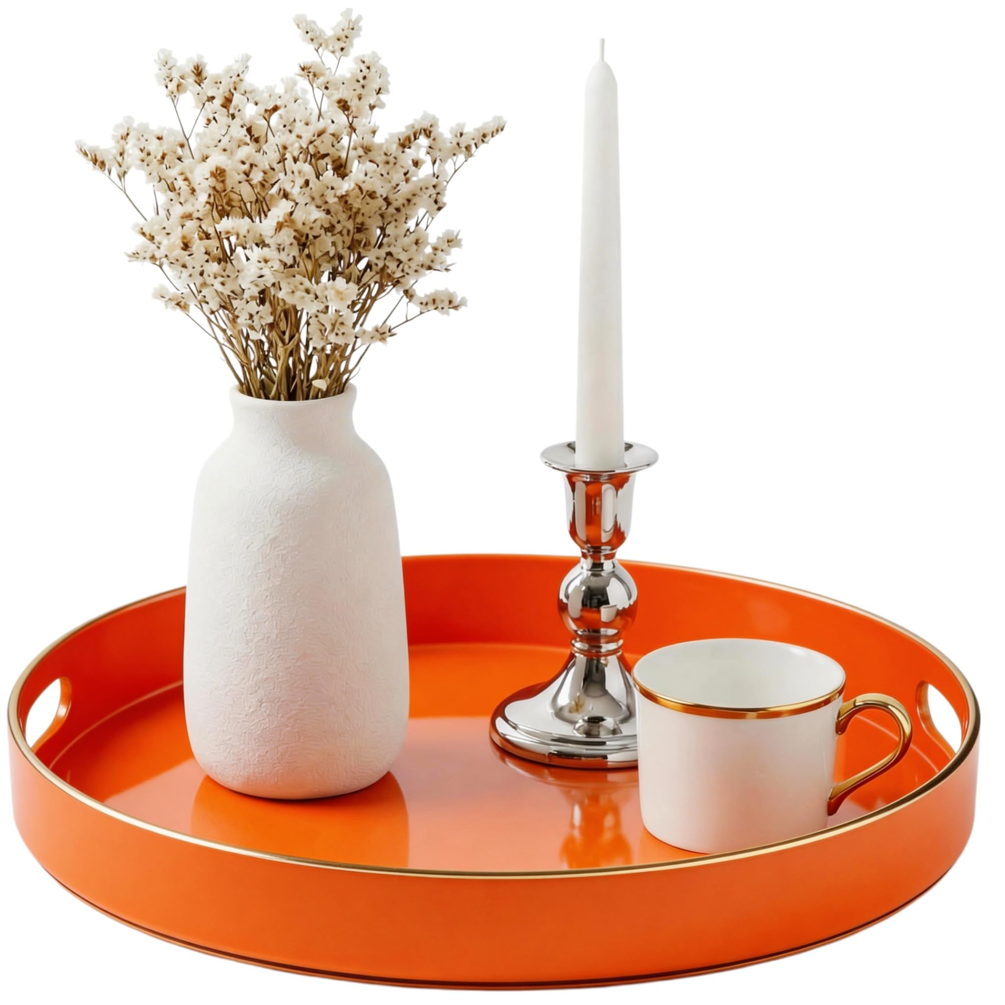 Simmer Stone Decorative Tray, Round Plastic with Handles, Modern Vanity and Serving for Ottoman, Coffee table, Kitchen and Bathroom, Size 13", Orange — image 1