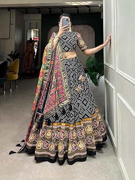 Women's Soft Dola Silk Foil Print Lehenga Choli Collection (BLACK)
