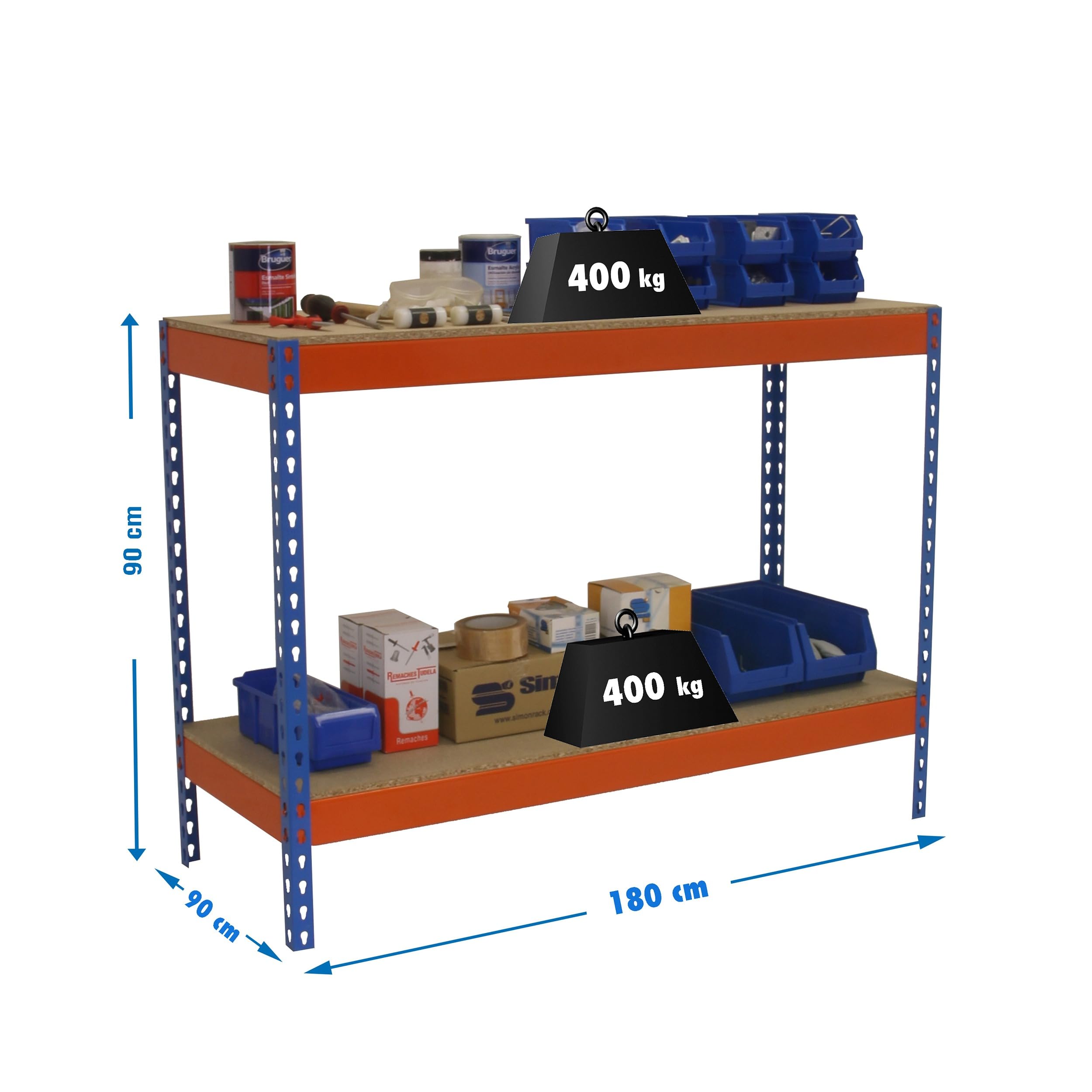 Simon Rack Banco de Trabajo Taller 1800x900 mm - BT Basic | Capacidad Carga 400 kg, Montaje sistema clic, Pintura anticorrosión, Azul/Naranja