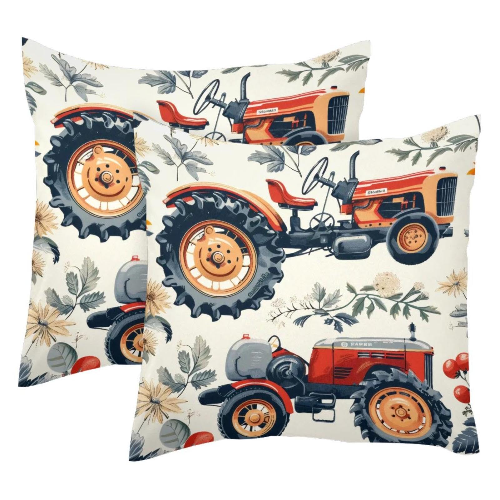 Housse de coussin en velours 50x50 cm lot de 2 avec motifs tracteurs et fleurs rétro
