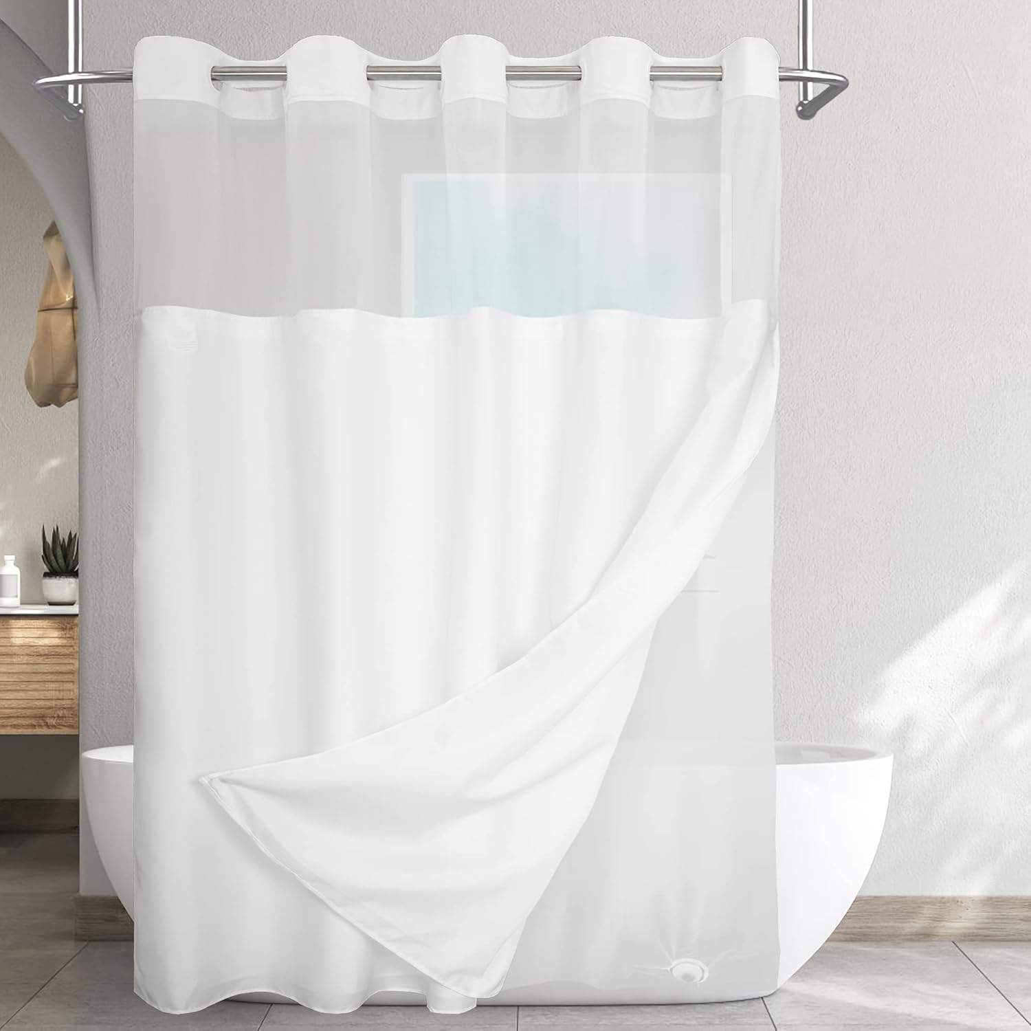 No Hooks Required Waffle Weave Shower Curtain with Snap in Liner - 71W x 74H,Hotel Grade,Spa Like Bath Curtain,White