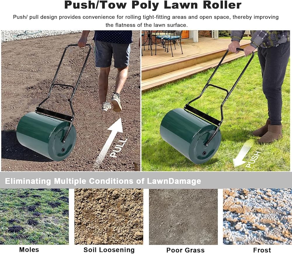 Rodillo de césped de acero resistente para empuje/remolcar, rodillo de césped duradero, relleno de arena para patio, jardín, barra rascadora, remolque detrás de la mano