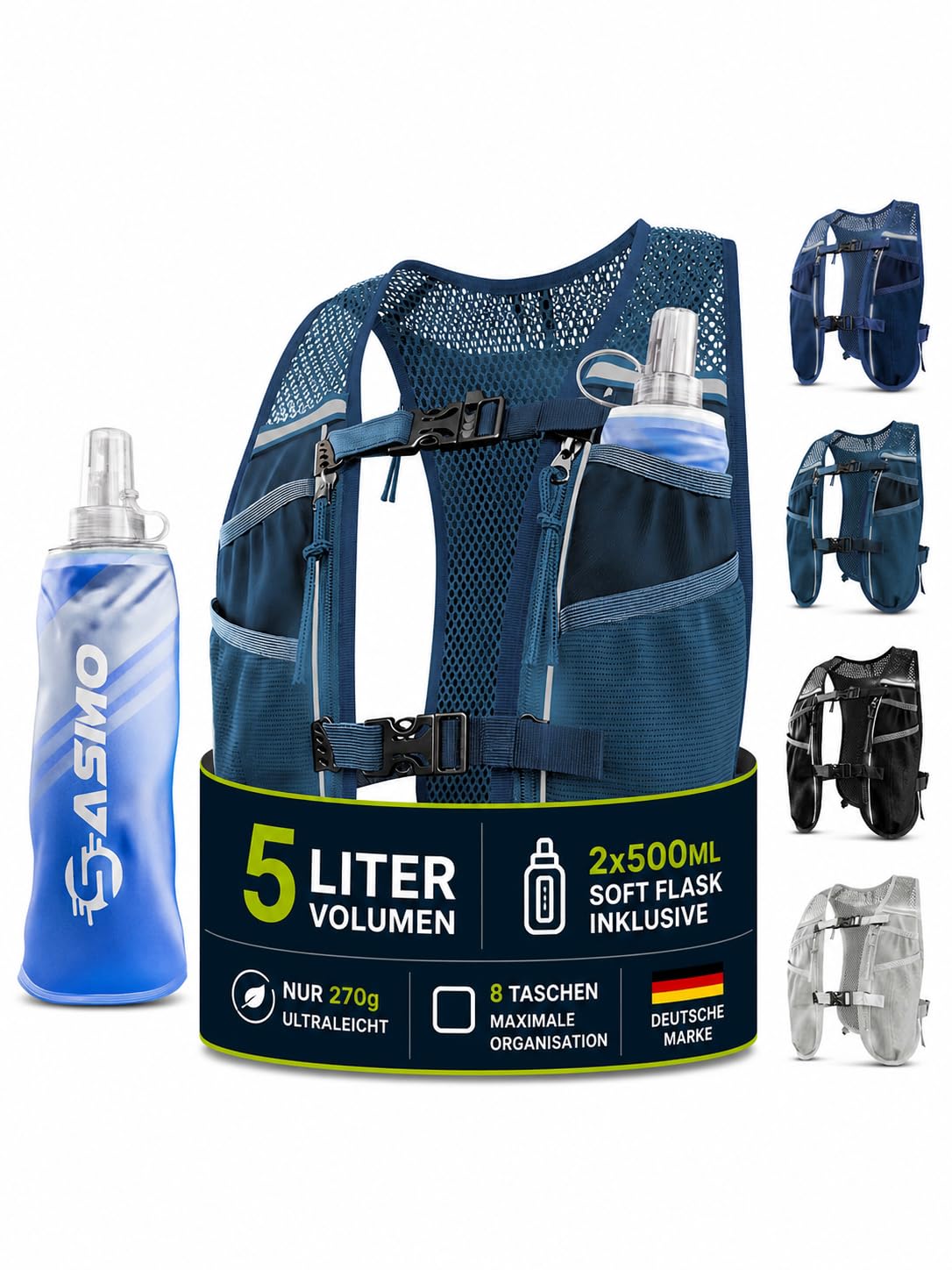 SASMO® Laufweste Damen & Herren 5L / 2L | Running Vest - Ultraleicht & atmungsaktiv| Laufrucksack Damen - 8 Taschen | Laufweste Herren | Trinkweste Laufen