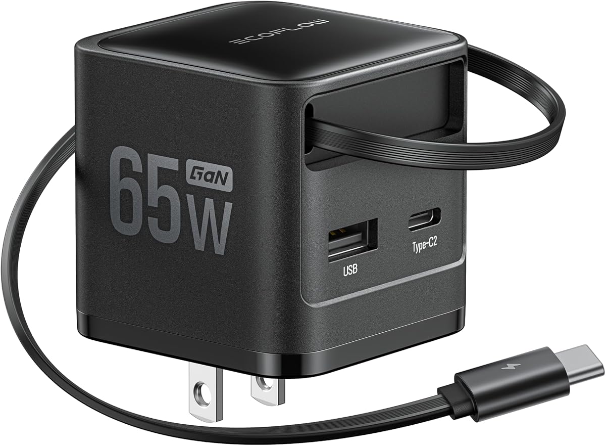 Cargador USB C de 65 W con cable retráctil, cargador de teléfono 3 en 1 con cable tipo C, cargador rápido de 2 puertos compatible con iPhone 17 16 Pro Max, iPad, Galaxy S25, plataforma de vapor (negra)