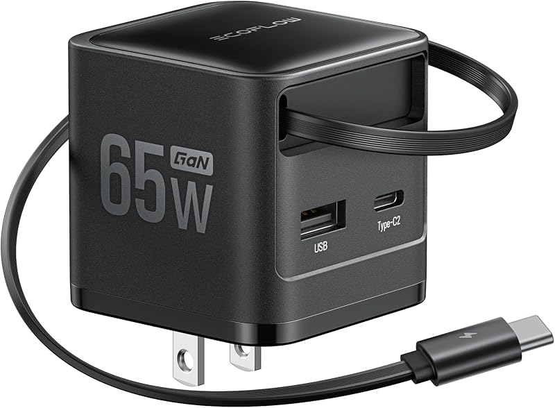 Cargador USB C de 65 W con cable retráctil, cargador de teléfono 3 en 1 con cable tipo C, cargador rápido de 2 puertos compatible con iPhone 17 16 Pro Max, iPad, Galaxy S25, plataforma de vapor (negra)