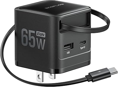 EF ECOFLOW iPhone Charger, 65W USB C Charger with Retractable Cable, 3-in-1 Apple Charger with Type C Cable, 2-Port, Wall Charger Compatible with iPhone 17/16/16 Pro, Galaxy S25, Steam Deck (Black)