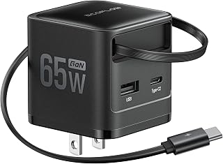 EF ECOFLOW 65W USB C Charger with Retractable Cable, 3-in-1 Phone Charger with Type C Cable, 2-Port Fast Charger Compatible with iPhone 16 Pro Max, iPad Pro/Air, Galaxy S25, Steam Deck (Black)