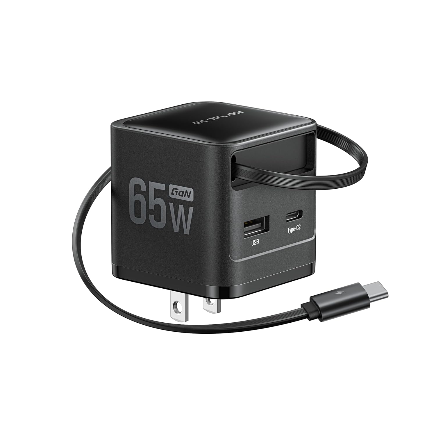 EF ECOFLOW 65W USB C Charger with Retractable Cable, 3-in-1 Phone Charger with Type C Cable, 2-Port Fast Charger Compatible with iPhone 16 Pro Max, iPad Pro/Air, Galaxy S25, Steam Deck (Black)