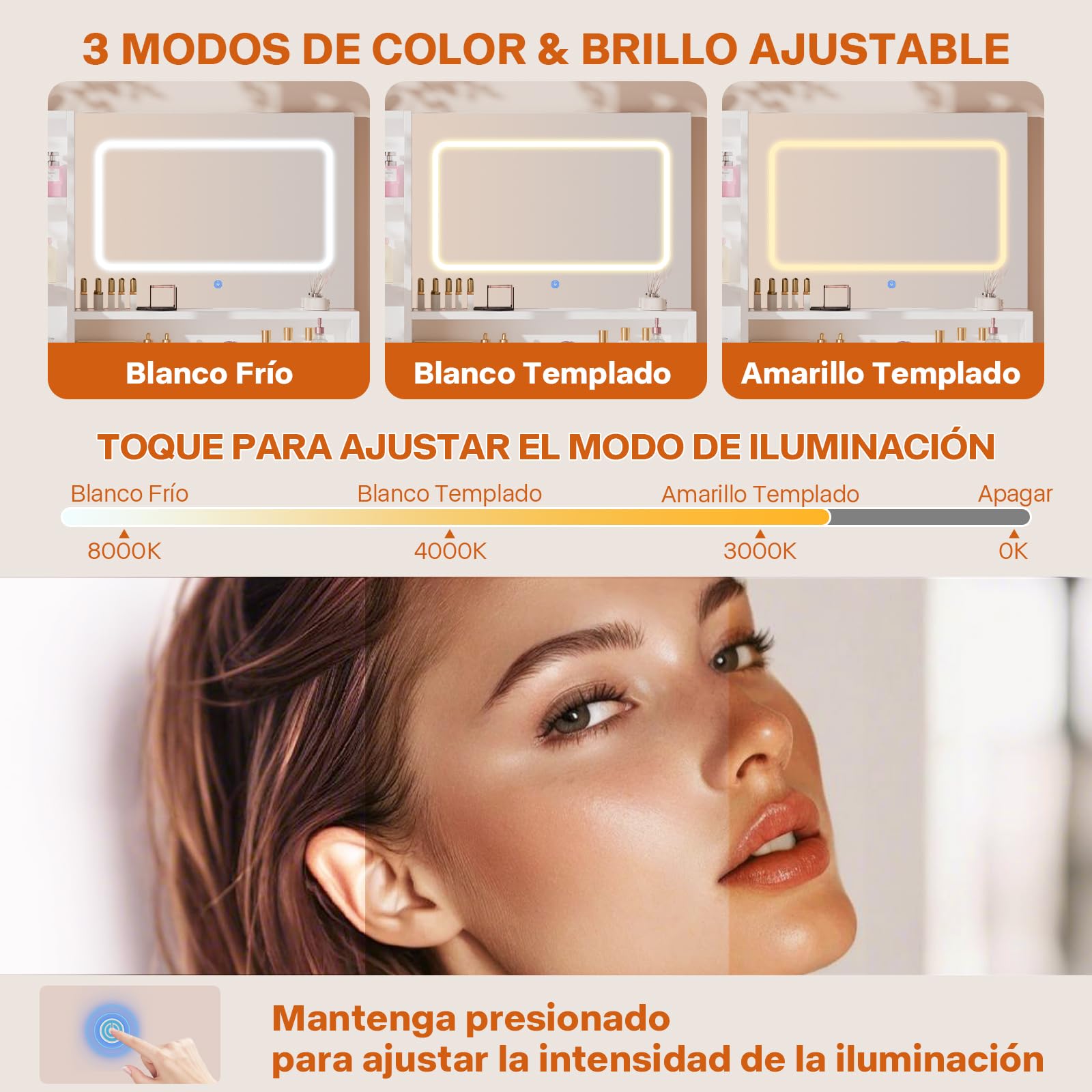 Airfish Tocador con Grande Espejo y Luces LED, Brillo Ajustable Tocador de Maquillaje con 3 Estantes Abierto y 4 Compartimentos Abiertos, Mesa de Maquillaje con Cajón Grande y Armario, Blanco
