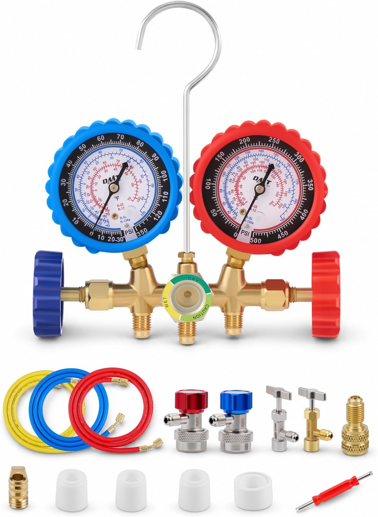 Orion Motor Tech AC Gauge Set with Self Sealing & Puncturing R134A Can Tap, AC Gauges for R134a R12 R22 R502 Refrigerant, Car AC Gauge Set with 5FT Hoses Adapter Adjustable Couplers, Freon Charge Kit