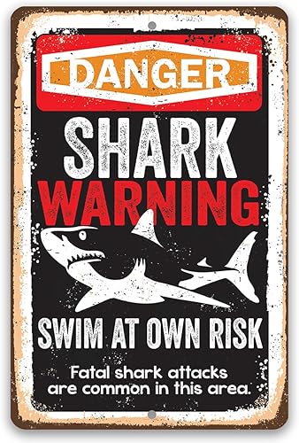 Letrero de metal con texto en inglés «Shark Warning Swim at Own Risk» para playa, ideal para playas y zonas junto a la piscina, accesorios de pared