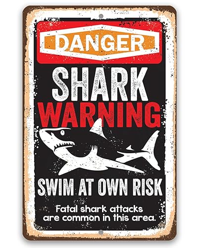 Shark Warning Swim at Own Risk - Beach Sign Metal Sign - Great for Beaches and Poolside Areas, Coastal and Nautical Wall Accessories and Gift, 8x12