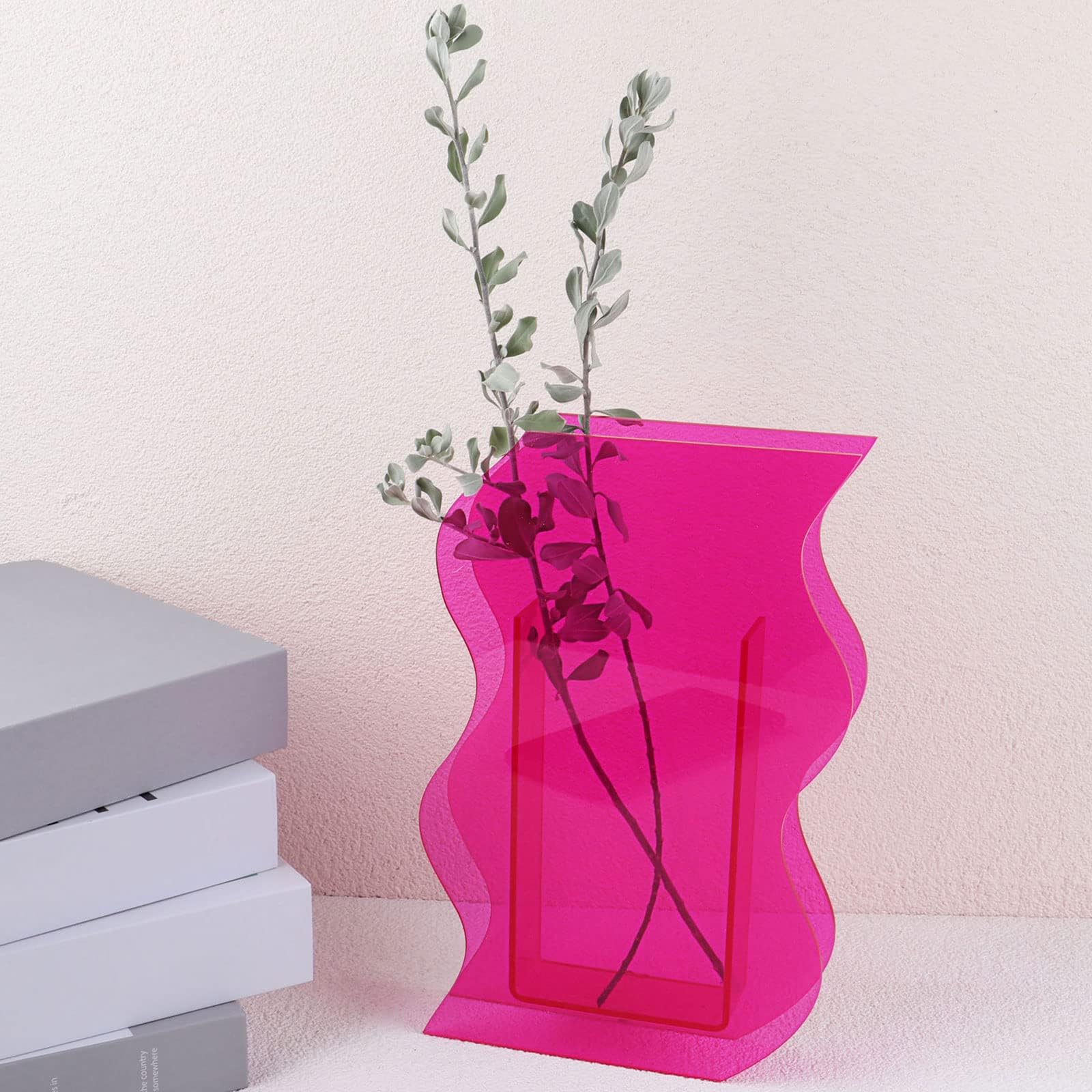 Acrylic Flower Vase for Aesthetic Room Decor, Irregular Curvy Wave Plastic Decorative Vase for Bedroom, Living Room Table - Pink Wave