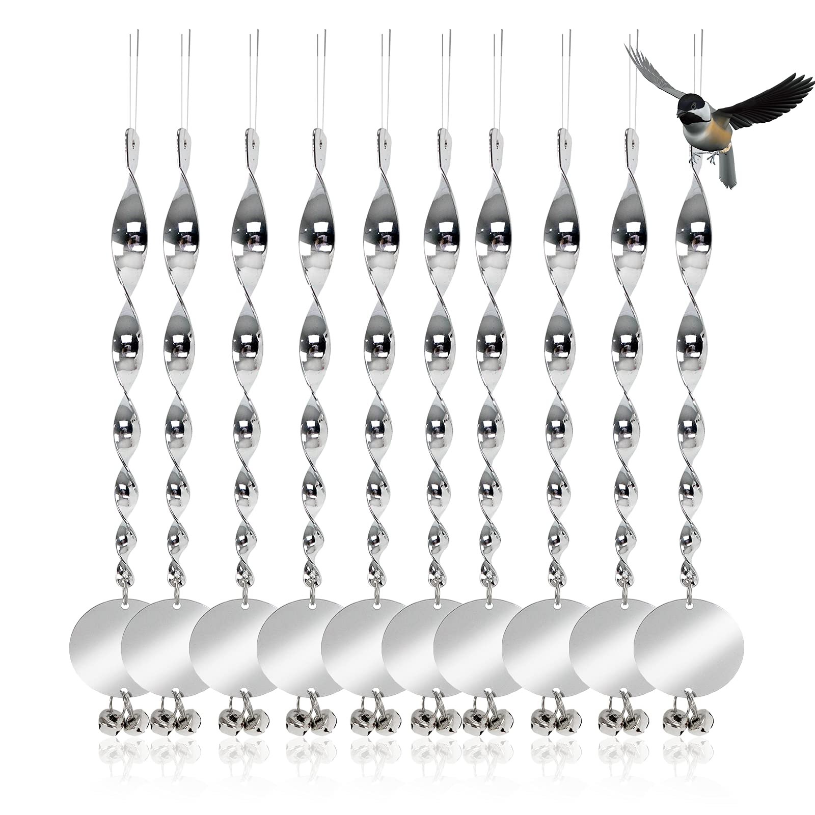 15 Inch 10 Pack Bird Deterent Devices Outdoor, Hanging Wind Twisting Spiral Reflective Scare Rods Disc with Bells to Keep Woodpecker Away from House,Porch,Yard,Patio