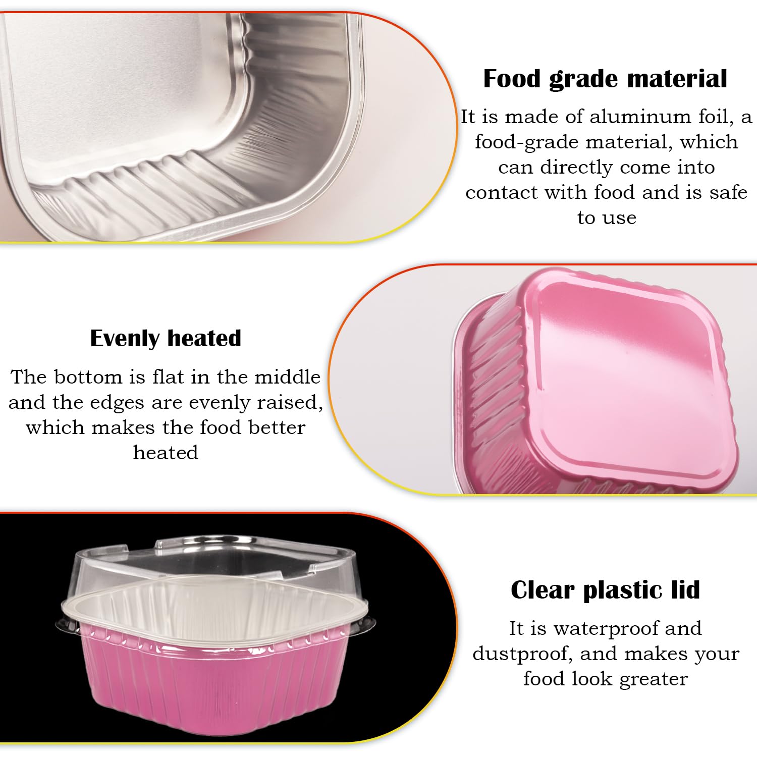 Lot de 50 moules de cuisson carrés réutilisables en aluminium avec couvercles, 300 ml, pour cupcakes et pudding, flan, crème brûlée, gelée pour desserts, restauration (rose)