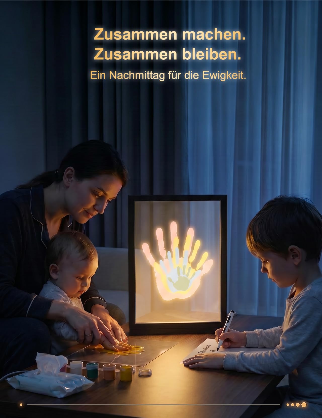 Fuerdich Beleuchteter Handabdruck Rahmen – 4 Schichten, LED Licht – Schwarz | DIY Set mit 6 Farben, Pinsel, Marker – Baby Fußabdruck, Handabdruck Familie – Geschenk Geburt, Taufe, Weihnachten – USB