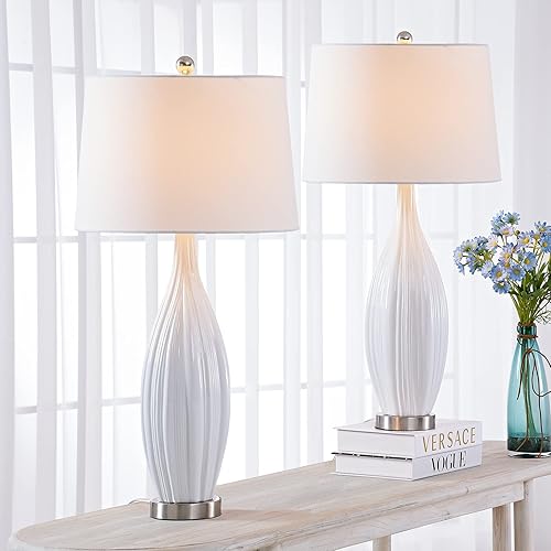 Maxax Juego de 2 lámparas de mesa de cerámica para sala de estar 31 pulgadas de alto modernas lámparas de noche blancas con pantalla blanca para