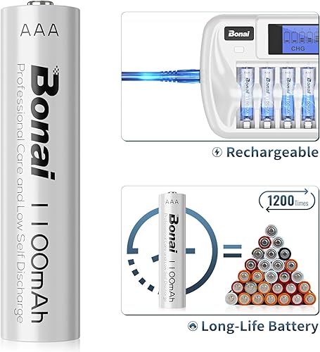Miniatura 2 de BONAI Baterías AAA recargables con cargador, cargador de batería de 8+1 bahía AA AAA con pantalla LCD para 1.2V NiMH NiCD AA AAA 9V, 1100mAh alta