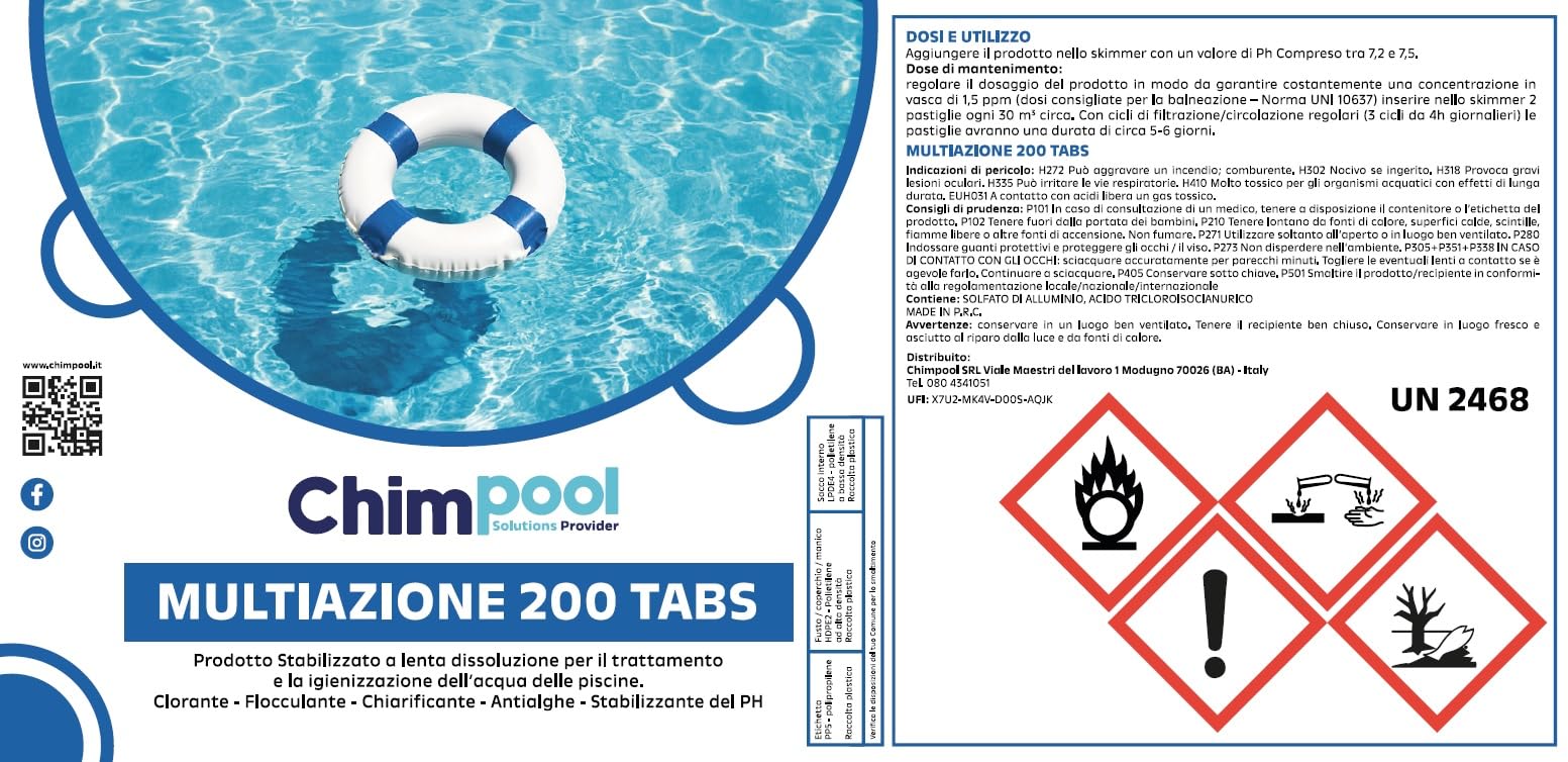 Cloro Multifunzione Pastiglie 200g Piscina, 10kg