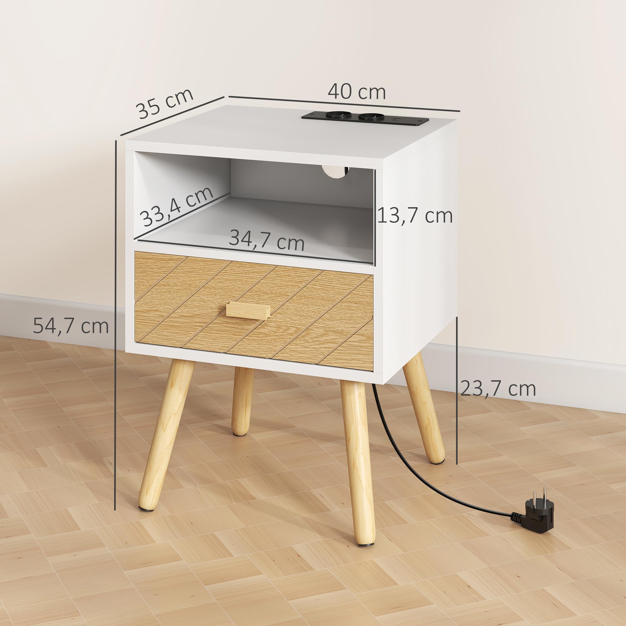 HOMCOM Mesita de Noche con Estación de Carga, Mesilla de Noche con Cajón, 2 Tomas AC, Puerto USB y Tipo-C, Compartimento Abierto, Patas de Madera, para Salón, Dormitorio, Blanco