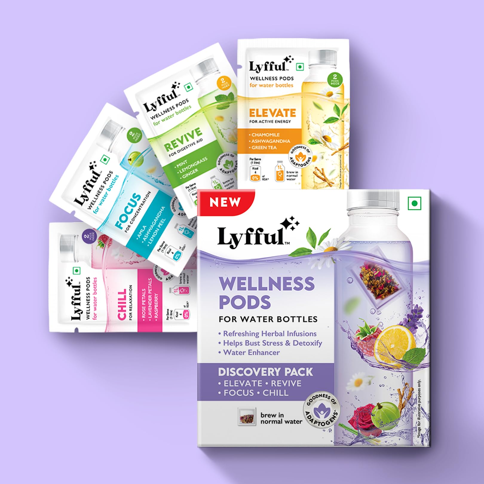 Lyfful Wellness Pods Discovery Pack | 8 Herbal Infusion Pods for Water Bottles | Natural Flavored Water for Stress Relief, Detox & Focus | Adaptogen Rich Water Enhancer | No Sugar, Zero Calorie | 1 Pod Makes 1 Litre Refreshing Beverage-image-35