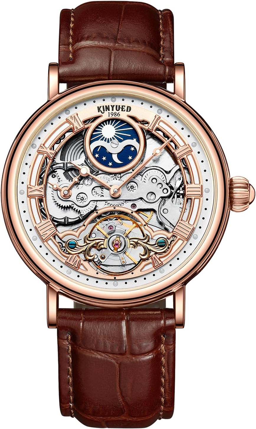 IK COLOURING Automatic Mechanical Mens Luxury Skeleton Automatic Mechanical Wrist Watches Leather Moon Phrase Luminous Hands Self-Wind Watch,Tourbillon Automatic Waterproof Wrist Watch for Men Gift