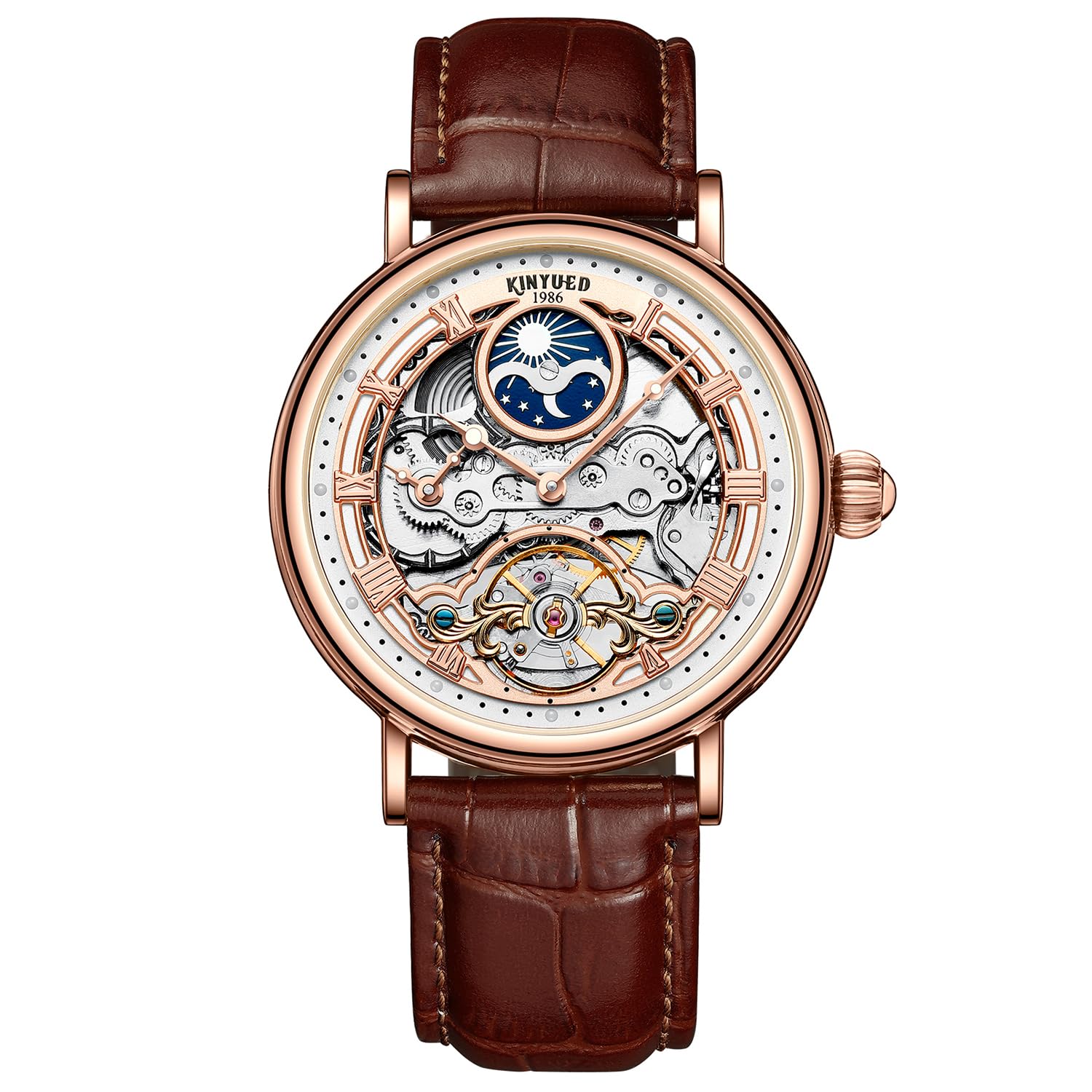 IK ColouringAutomatic Mechanical Mens Luxury Skeleton Automatic Mechanical Wrist Watches Leather Moon Phrase Luminous Hands Self-Wind Watch,Tourbillon Automatic Waterproof Wrist Watch for Men Gift