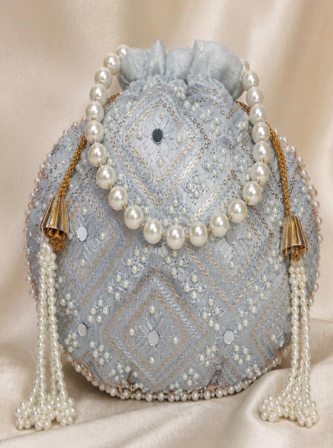 JDDCART Bluish Grey Embellished Potli Bag with Pearl Handle & Tassels-image-21