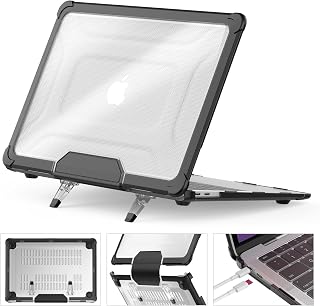 Funda compatible con MacBook Air de 13 pulgadas M1 2020 2018, funda rígida protectora antiarañazos con soporte plegable (A2337 A2179 A1932), color negro