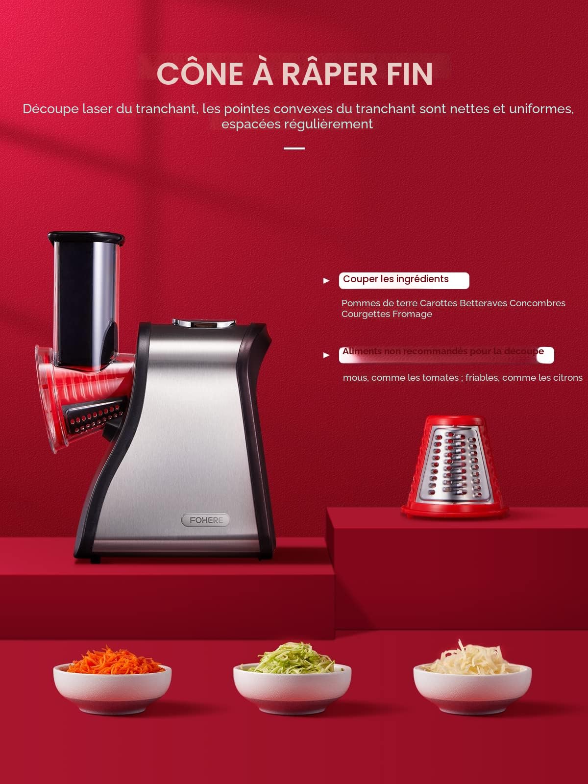 FOHERE 4 en 1 Râpe a Légumes Électrique, Découpe légumes électrique 200W Râpe Carottes Hachoir Électrique pour Fromage, Carottes, Pommes de Terre, Concombres, Argent