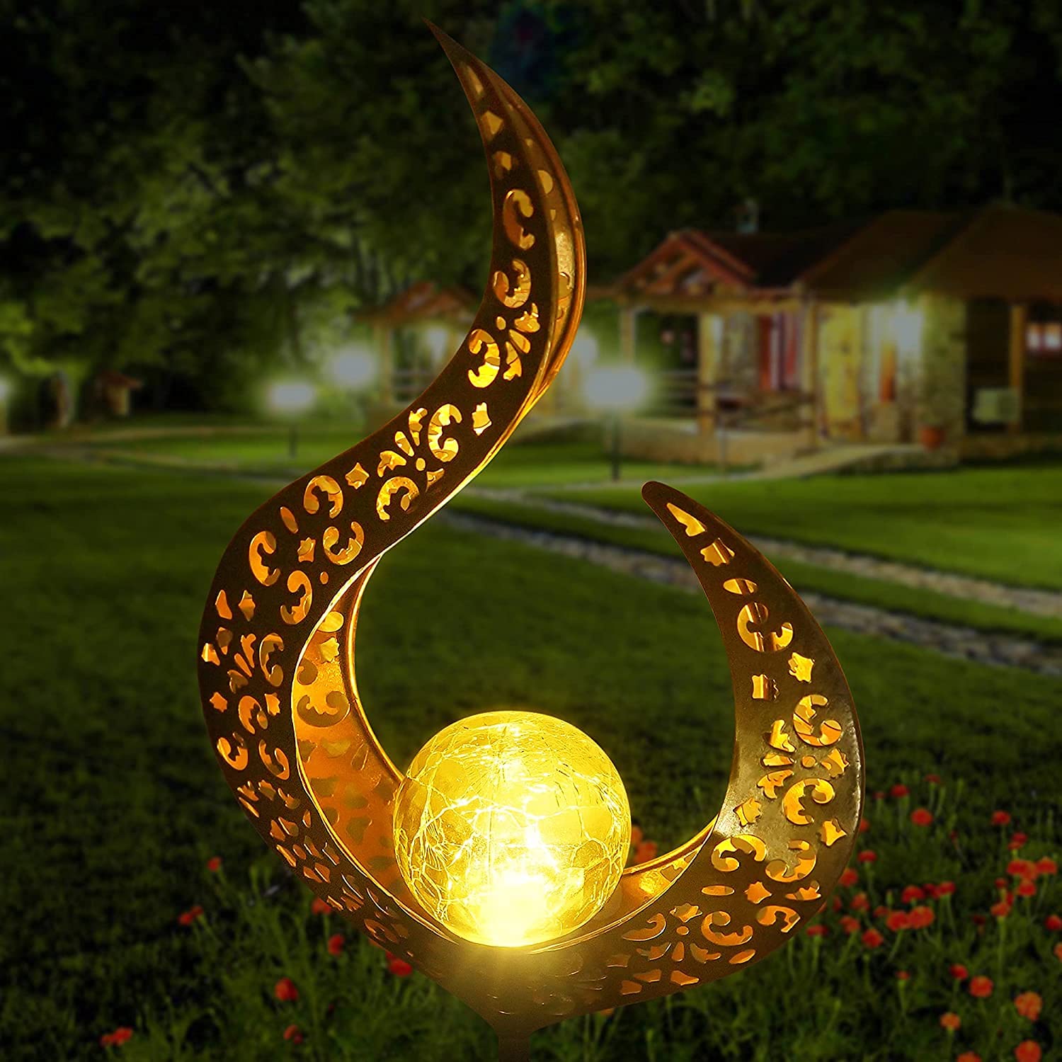 Lot de 2 lampes solaire d'extérieur en métal creux - LED décoratives - Décoration de jardin pour terrasse, chemin, cour, pelouse