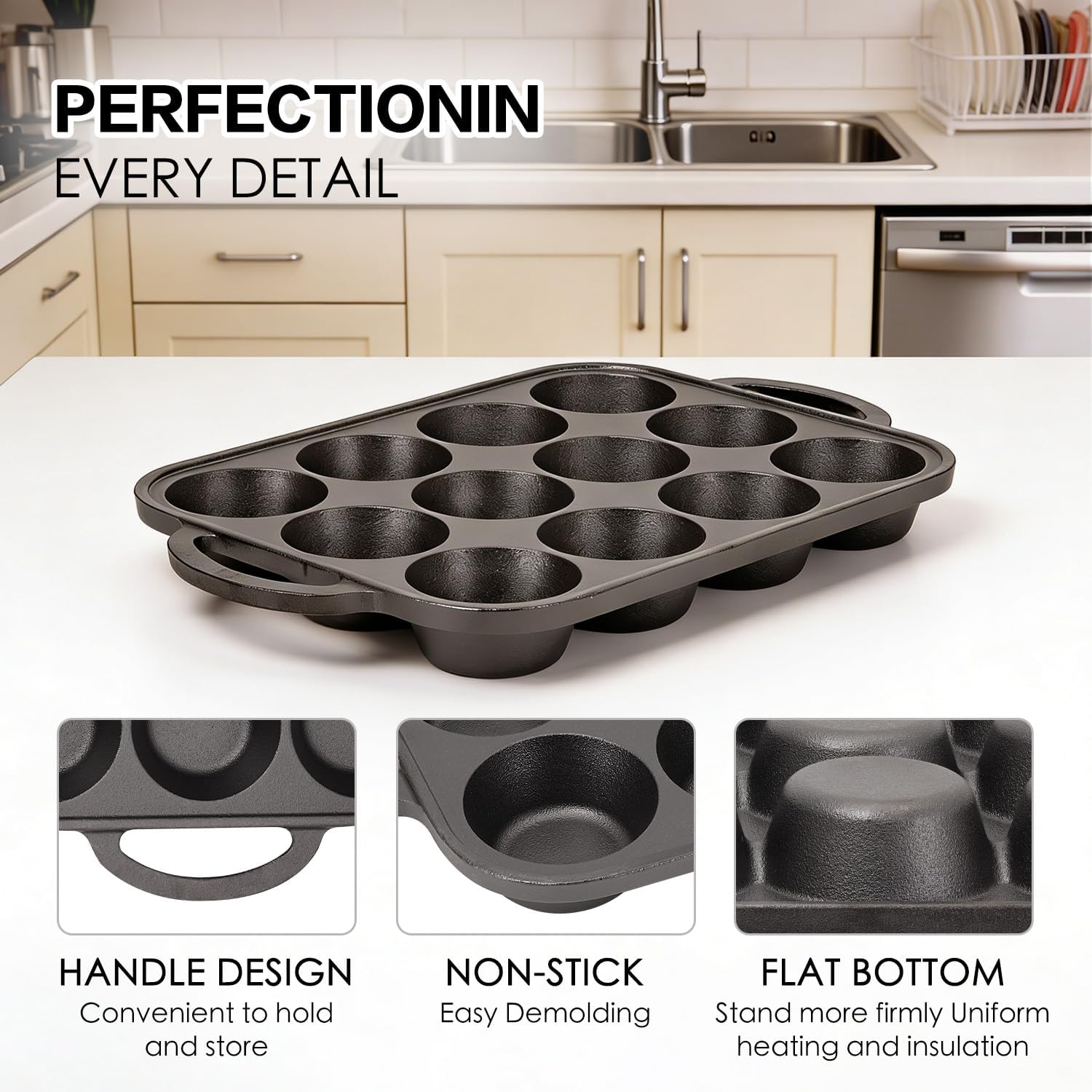 2pack Cast Iron Muffin Pans for Baking 12 Cup Regular Size Cupcake Pan with Handle Pre-Seasoned Muffin Pans Molds - Image 4