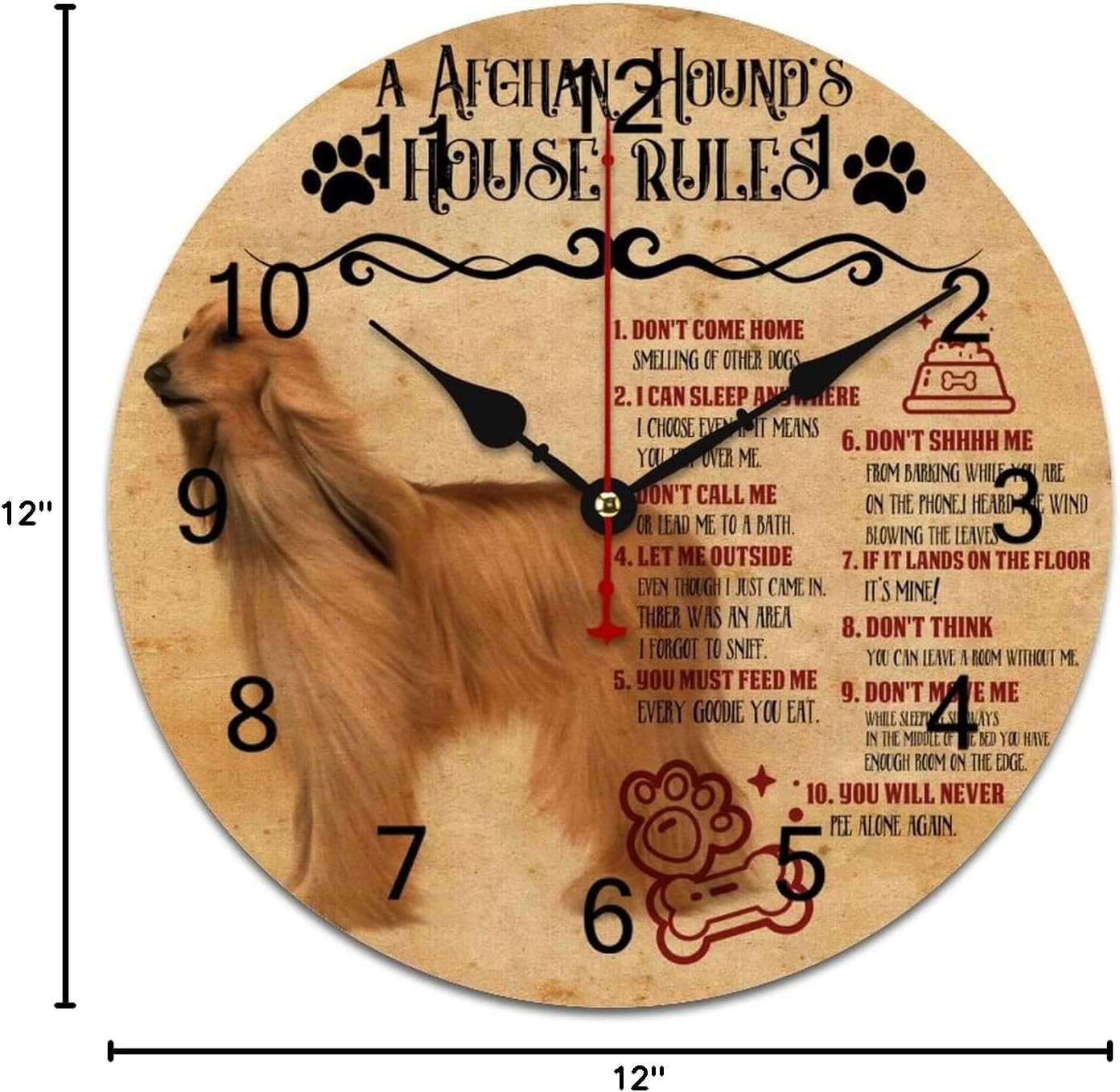 A Afghan Hound's House Rules Wall Clock Cute Afghan Hound Dog Hanging Clock 12 Inch Silent Non Ticking Battery Operated Decorative Round Wall Clocks for Kitchen Bedroom Living Room
