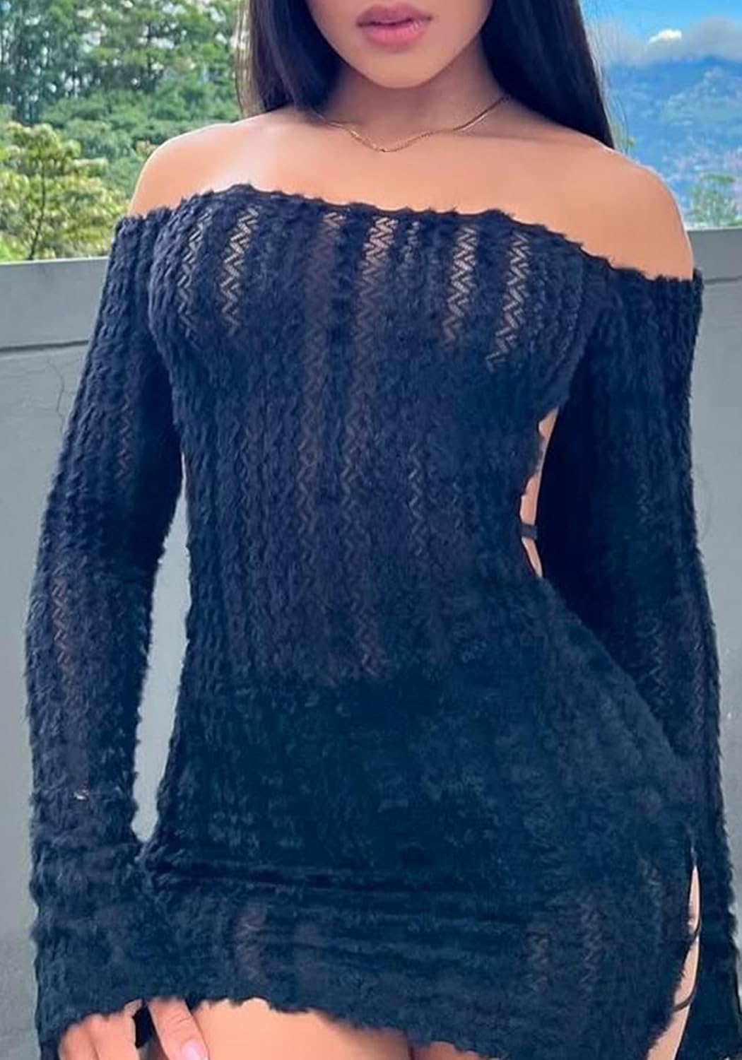 Womens Sexy Off Shoulder Dress Fuzzy Backless Cut Out Bodycon Mini Dress Y2k Date Night Club - Image 2