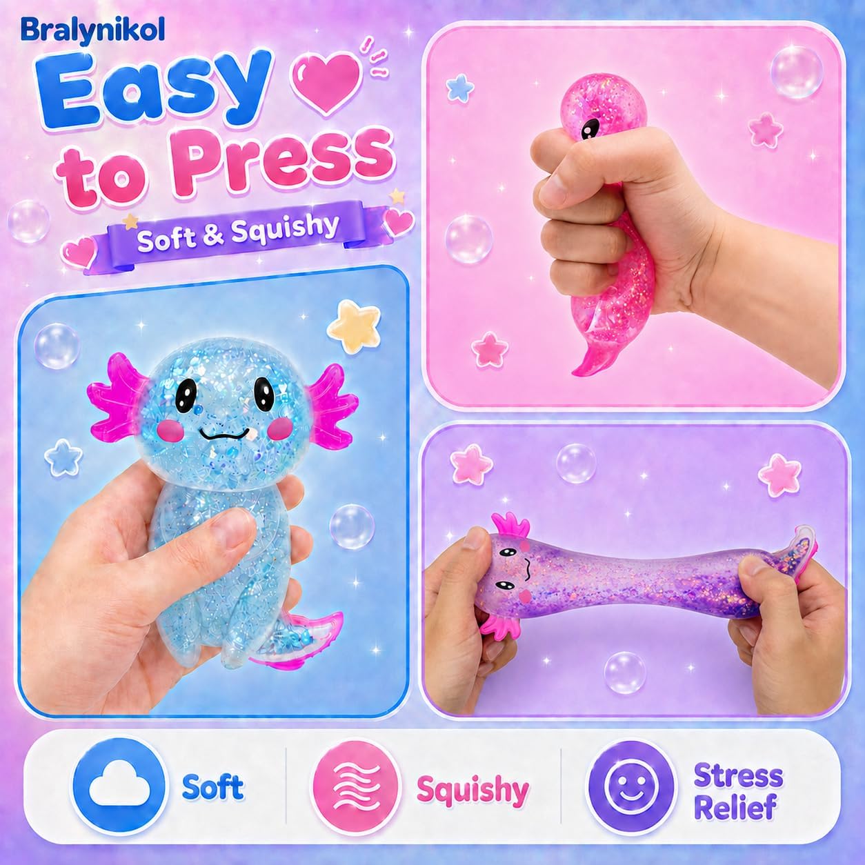 3 Pack Axolotl Squishy Stress Relief Toys, Cute Glitter Squeeze Toys for Kids & Adults, Soft Sensory Fidget Toys for Stress Relief, Party Favors Gift (Multi-Color) image 3