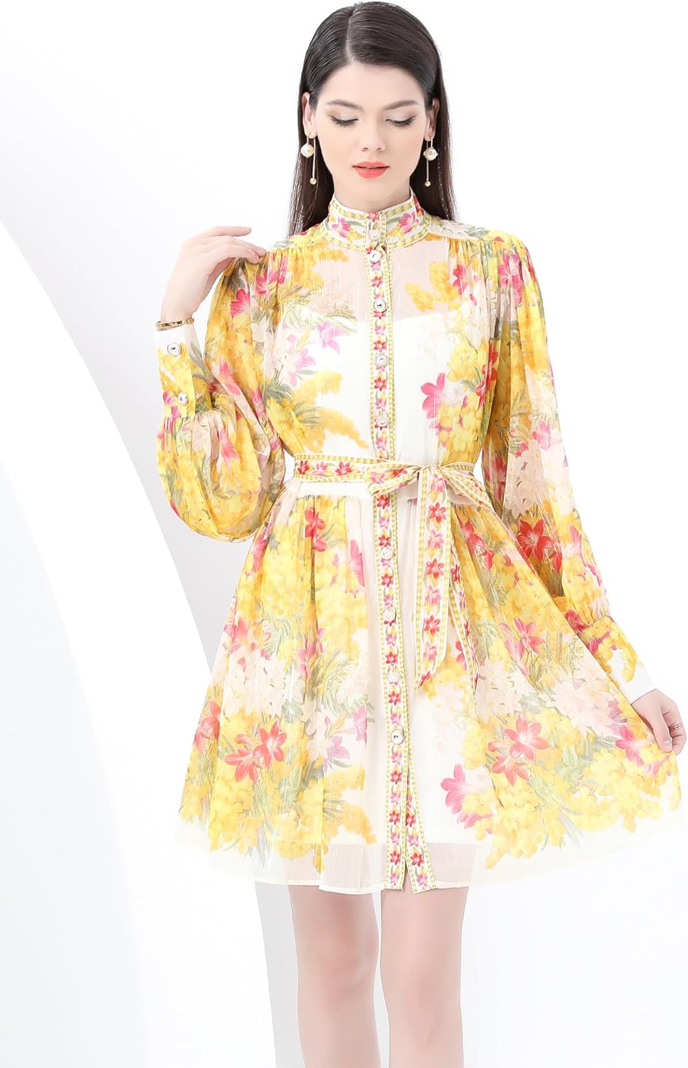 LAI MENG FIVE CATS Women's Floral Print Lantern Sleeve Ruffle Casual Button Belted Thin Loose Fit Mini Dress - Image 3
