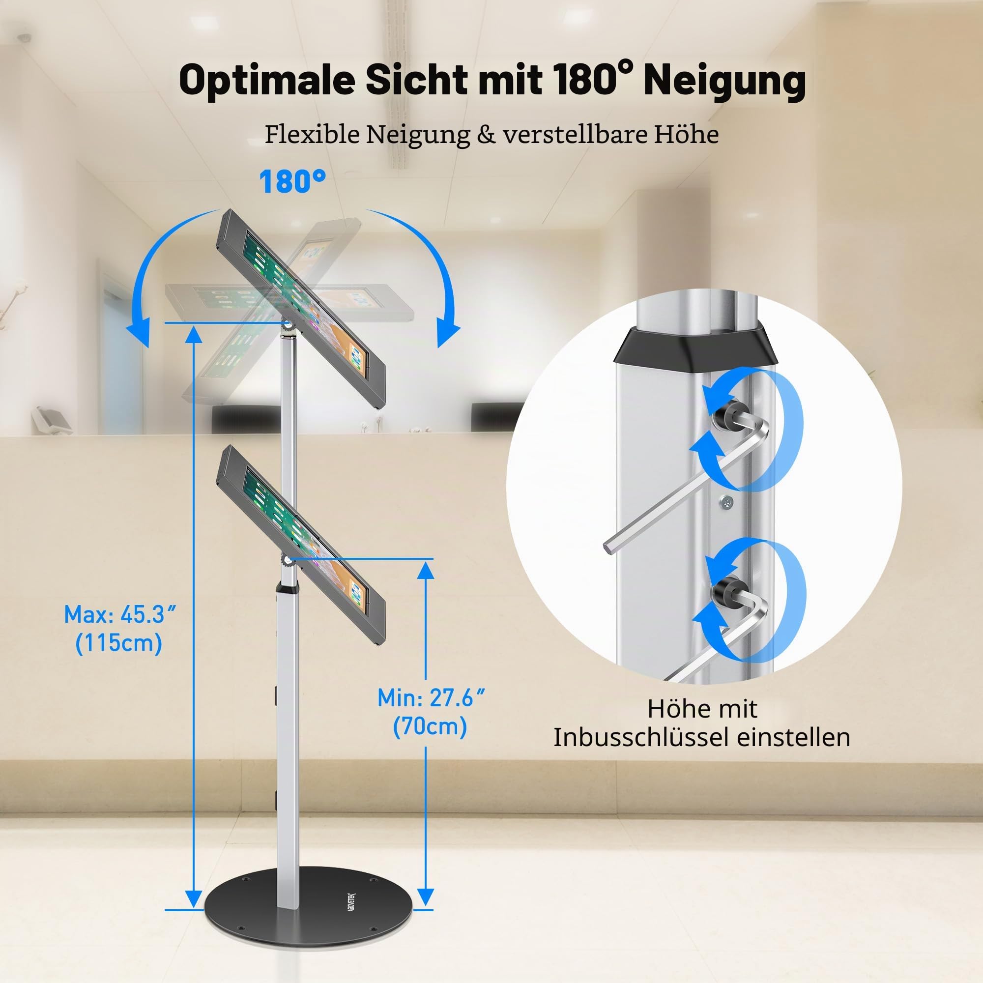 AboveTEK iPad Bodenständer mit Diebstahlschutz, Höhenverstellbarer Tablet Kiosk Stand mit Schloss, Schwerer Tablet Bodenständer für 12,9–13 Zoll iPad Pro/Air & 12,4 Zoll Galaxy Tab
