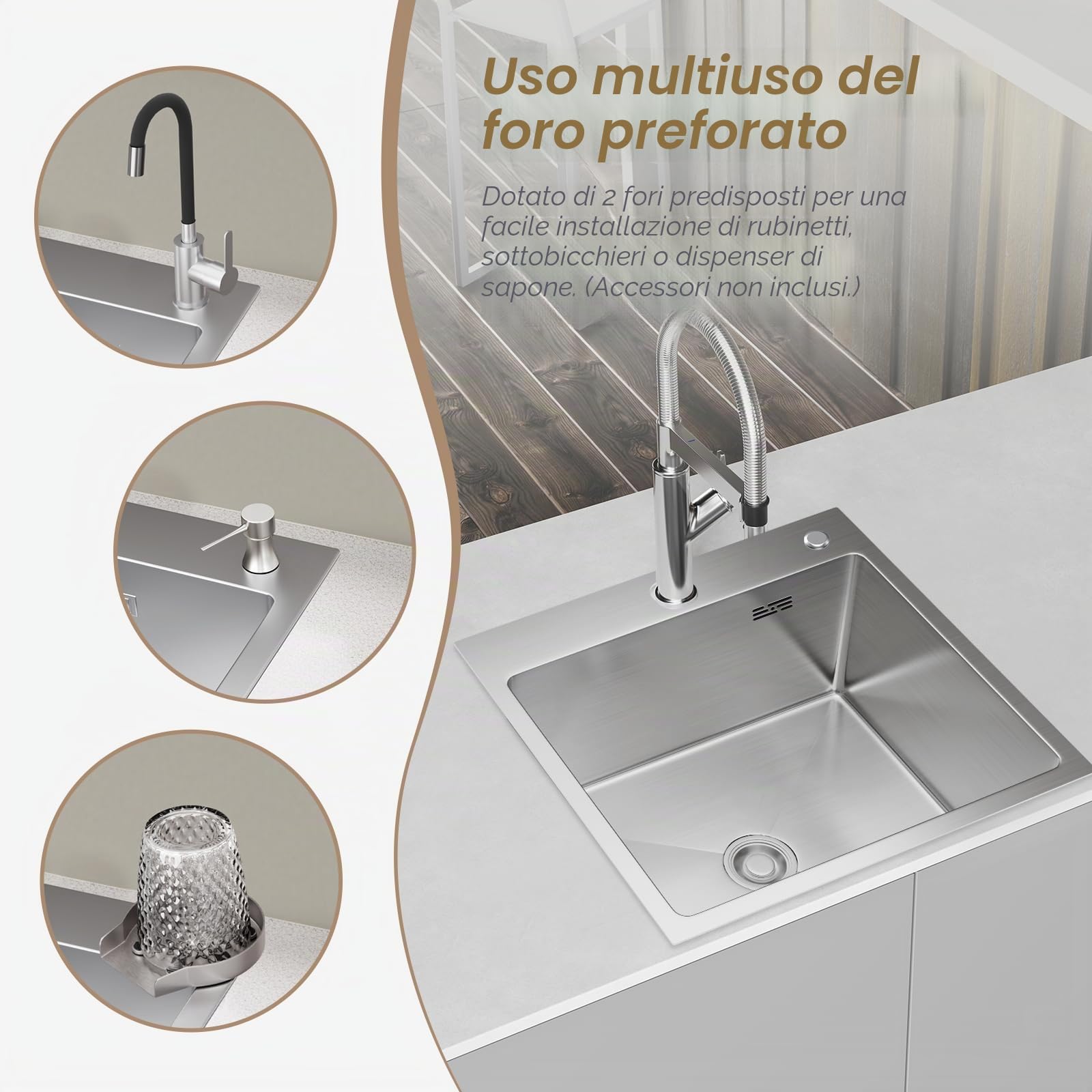 Lavello da cucina in acciaio inox, 38 x 38 cm, con 1 vasca, con sifone, in acciaio inox