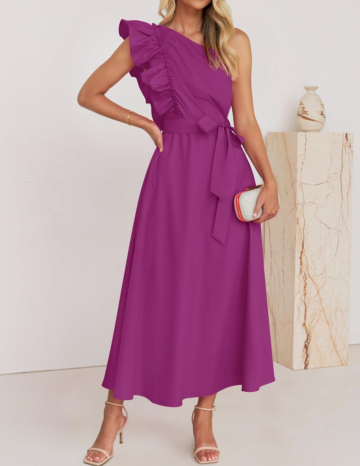 ZESICA Womens 2026 Summer One Shoulder Ruffle Maxi Dress Boho Sleeveless Empire Waist Tie Flowy Beach Party Long Dresses - Image 2