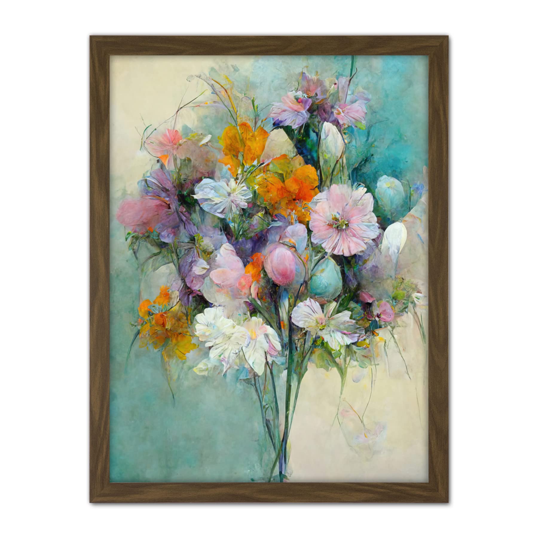 Doppelganger33 LTD Watercolour Pink Orange And Teal Spring Flower Bouquet Illustration Artwork Framed Wall Art Print 18X24 Inch