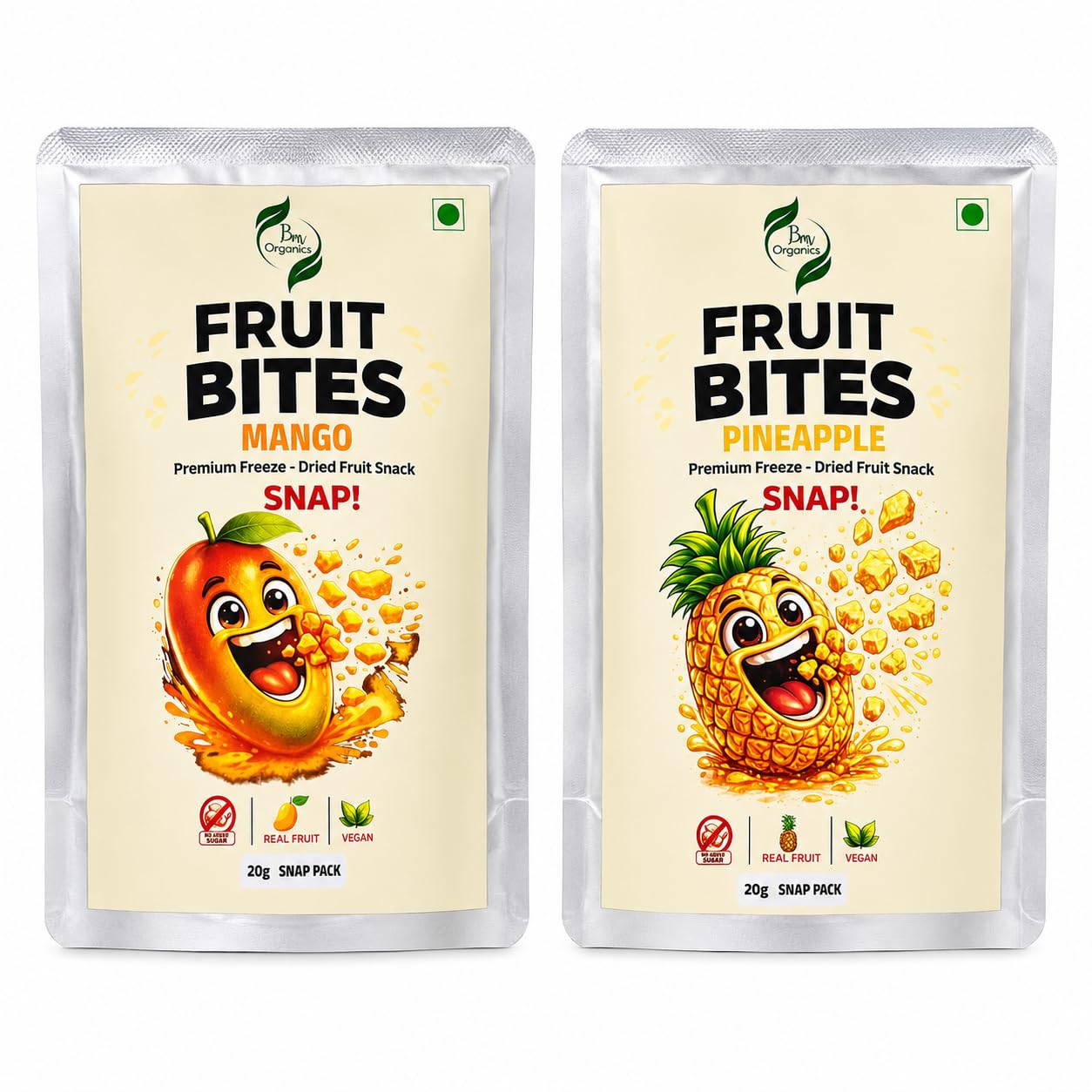 BM Organics Fruit Bites Freeze-Dried Fruit Snack Combo | Mango & Pineapple | Real Fruit, No Added Sugar, Vegan Crunchy Snack | 20g Each, Pack of 2-image-32